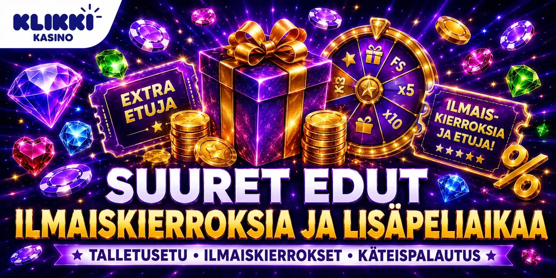 Klikki kasinon ilmaiskierroksia ja lisäpeliaikaa tarjoavat bonukset