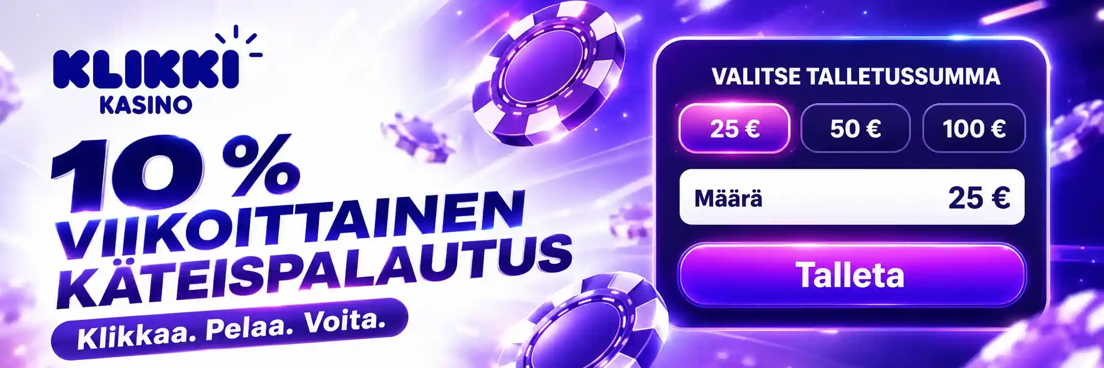Viikoittainen käteispalautus Klikki kasinon 10 prosentin viikoittainen käteispalautus