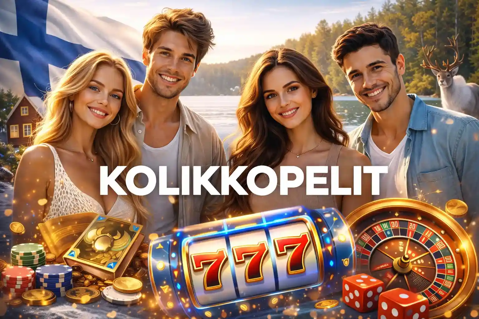 Pelaajat ja hedelmäpelit järvimaisemassa Suomessa